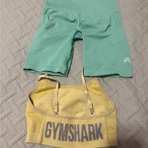 Gymshark Mint Green Shorts and Mustard Sports Bra